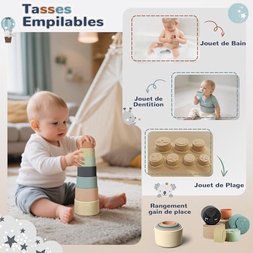 Generic Baby Toy 6 Months and Above, 5 in 1 Montessori Toy, Sensory Baby Games with Sorting Shapes and Stacking, Xylophone, Silicone Pull Rope Set, Stackable Cups, Baby Gift 6, 8, 9, 12 Months
