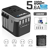 KIYA Power Plug Adapter, International travel Adapter with Quick Charge 5.6A Max 4 USB & 1 USB-C Port , for USA , UK, Euro, AU, EU - 160 Countries with Type C A G I A/C