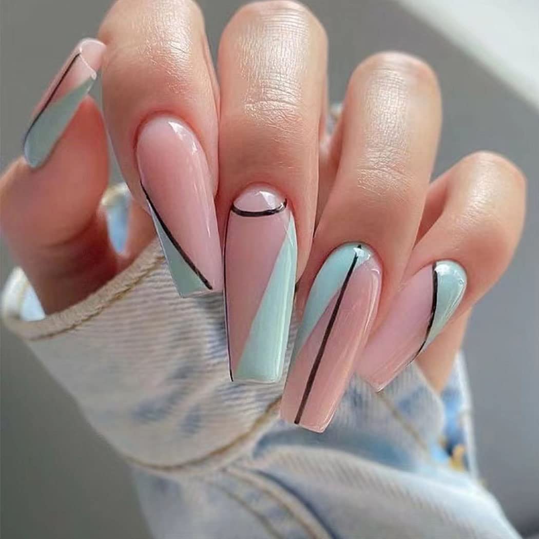 Vatocu Coffin Glossy False Nails Pink Blue Press on Nails Long Black Line Fake Nails Full Cover Ballerina Acrylic Stick on Nails for Women and Girls(24pcs)