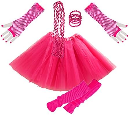 InnoBase Neon 80s Themed Party Dress-up Set Layered Tutu Fishnet Gloves Legwarmers Plastic Beads Necklaces and Bracelets Fancy Dress Costume Accessories (A2)