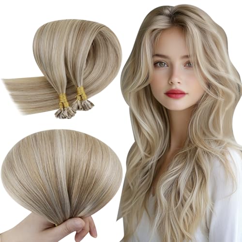 RUNATURE Keratin Hair Extensions Natural Light Brown Highlight Golden Blonde 55 cm 50 g 50s Invisibility Extensions #8P24