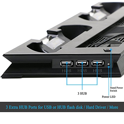 ADVcer PS4 Pro Vertical Stand with Dual Cooling Fan, Dual Controller Charging Station and 3 Extra USB Port for Playstation 4 Game Console, PS4 DualShock 4 Gamepad + 8 Controller Thumb Grip Cover Caps