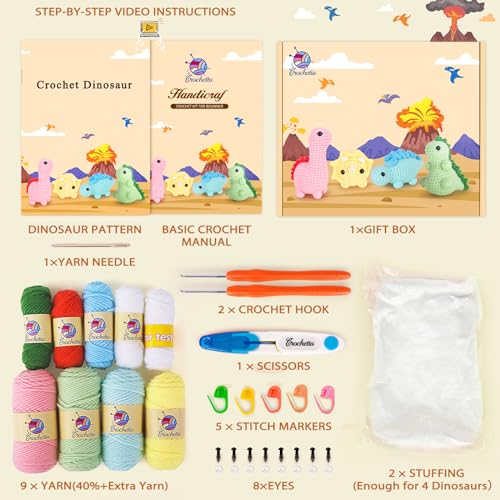 Crochet Kit for Beginners, Beginner Crochet Kit for Adults with Step-by-Step Video Tutorials, DIY Crochet Animal Kits Kids Knitting Supplies, 4 Pack Dinosaurs (40%+ Yarn) Knitting Patterns
