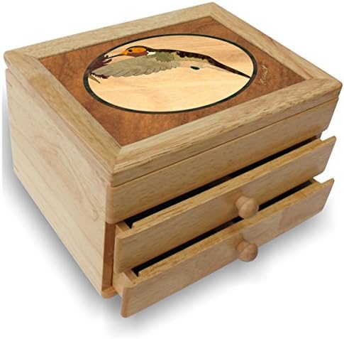 MarqArt Hummingbird Wood Art Jewelry Box & Gift - Handmade USA - Unmatched Quality - Unique, No Two are the Same - Original Work of Wood Art (#6504 Hummingbird 2 Drawer)