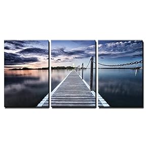 3 Piece Canvas Wall Art - Pontoon Jetty Across The Water - Modern Home Art Stretched and Framed Ready to Hang - 16"x24"x3 Panels