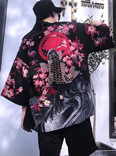 Men's Kimono Yukata Cardigan Casual Dragon Pattern Open Front Coat (Black Fish, Medium)