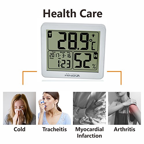 BuySevenSide LCD Display Digital Indoor Thermometer and Humidity Monitor with Vibrate Backlight,Time and Alarm, Black and White (White)