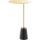 Benjara Frank 12" Drink Side End Table- Gold Top- Black Marble Solid Cone Base