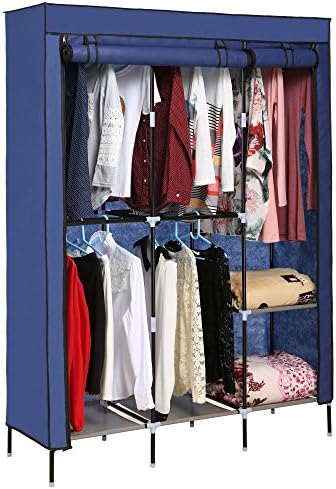 Korie Portable Clothes Closet Wardrobe Storage Double Rod Freestanding Closet with Non-Woven Fabric, Quick and Easy to Assemble (US Stock) (Navy Blue)