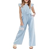CharmWM Girls Casual Jumpsuit Kids Fashion Cap Sleeve Belted Wide Leg Romper One Piece Outfits with Pockets