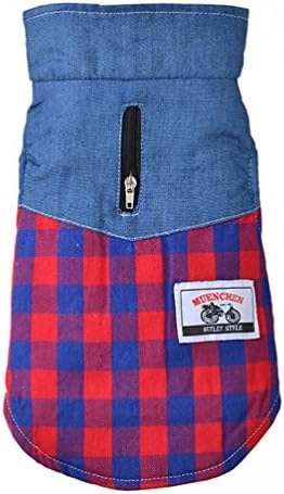 Pet Plaid Warm Cowboy Shirt Coat Cortton Lapel Jacket Clothing (M, Red)