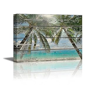 Tropical Beach with Palm Trees on Vintage Wood Background Rustic
