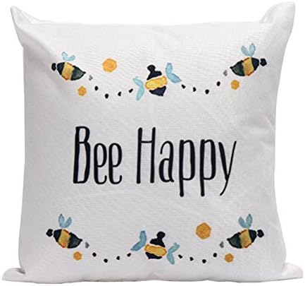 YANGYULU Multicolor Letters White Linen Home Decorative Throw Pillow Case Sofa Cushion Cover 18" x 18" (Bee Happy)