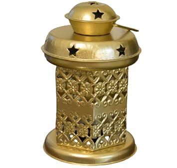 F&N Home Decor Iron Brass and Copper Plated tealight Candle Holder Lantern with tealight Diya for Diwali, dusshera and Christmas Golden