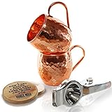 Real Copper Mugs for Mules Food Safe -Two Best Extras- 2in1 Lime Squeezer with Bottle Opener + 2 Coasters, Copper Mugs for Moscow Mules Set of 2, 100% Solid Copper Cups Mule, 16oz Premium Handcrafted