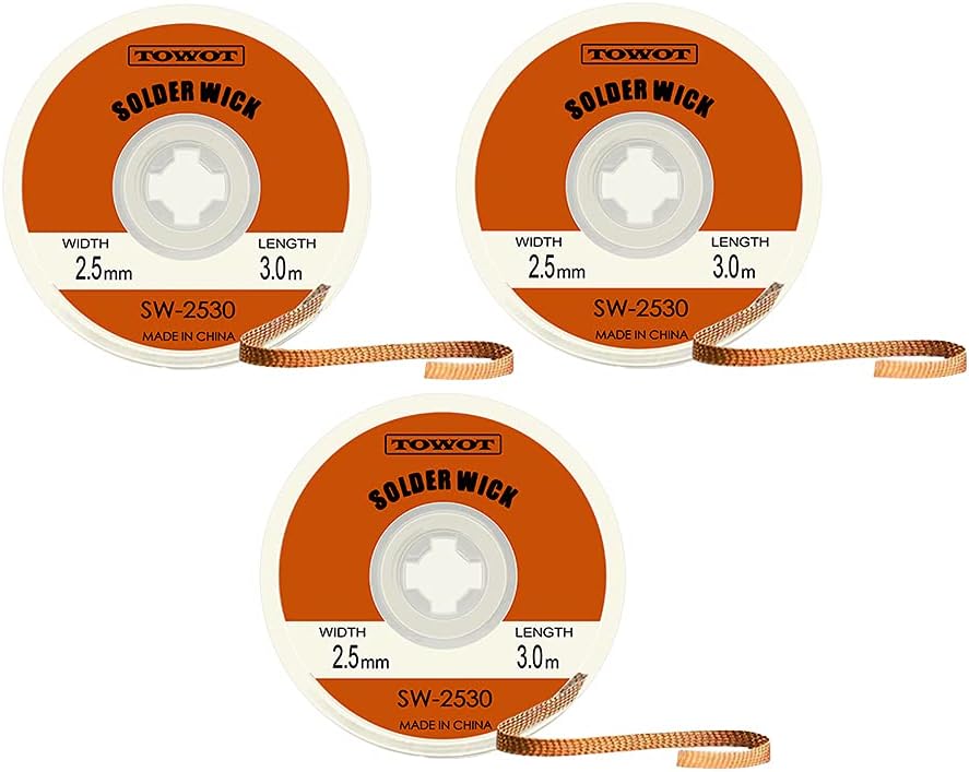TOWOT Solder Wick Desoldering Wick SW-2530 0.10'' x 9.8' 3 Pcs Copper Braided
