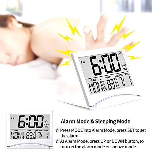 Betus Digital Travel Alarm Clock - Foldable Calendar & Temperature & Timer LCD Clock with Snooze Mode - Large Number Display, Battery Operated - Compact Desk Clock for All Ages (Silver)