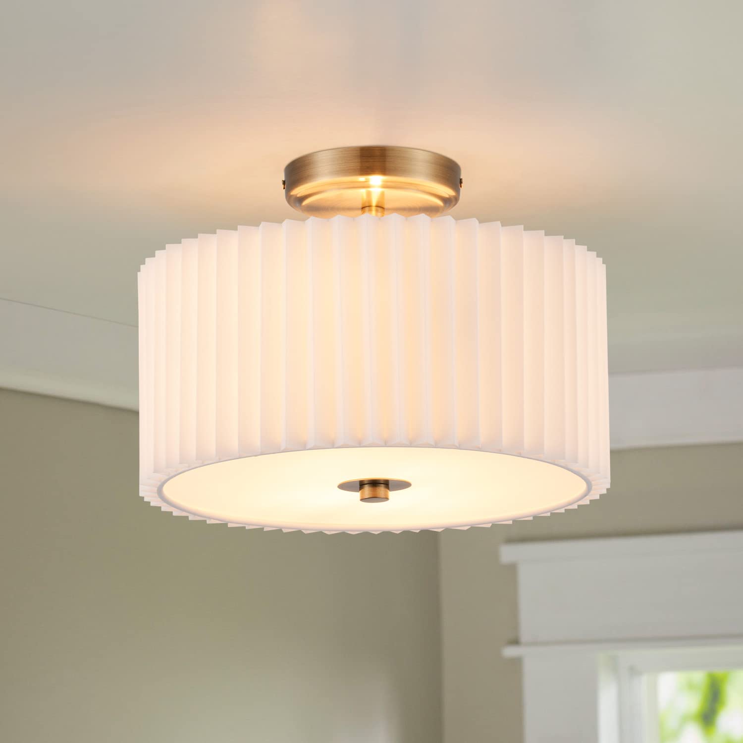 Photo 1 of VONLUCE Semi Flush Mount Ceiling Light, 12.2'' Ceiling Light Fixture with Pleated Shade, 2-Light Modern Drum Light Fixture for Bedroom Living Room Entryway Hallway, White Shade & Bronze Finish