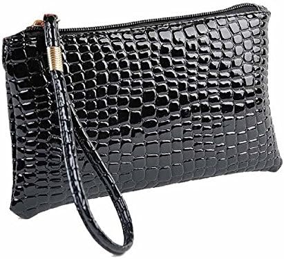 DETALLAN Fashion Women Crocodile Leather Clutch Handbag Minimalist Coin Purse (Black)