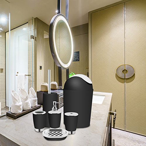 Black Bathroom Accessories Set, TEKITSFUN 6 Piece Plastic Bathroom Accessory Set, Soap Dispenser, lotion dispenser, Soap Bar Holder, Tooth Brush Holder, Trash Can, Toilet Brush Set, Rinse Cup
