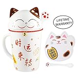 High Quality Japanese Lucky Cat Ceramic Teacup Mug Glass - comes with Lid and Spoon (Red)