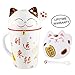 High Quality Japanese Lucky Cat Ceramic Teacup Mug Glass - comes with Lid and Spoon (Red)