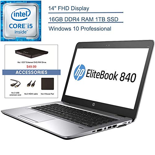 2020 HP EliteBook 840 G3 14″ FHD Business Laptop Computer: Intel Core i5 6300U up to 3.0GHz/ 16GB DDR4 RAM/ 1TB SSD/ 802.11ac WiFi/ Silver/ Windows 10 Pro + EST External DVD+ Accessories
