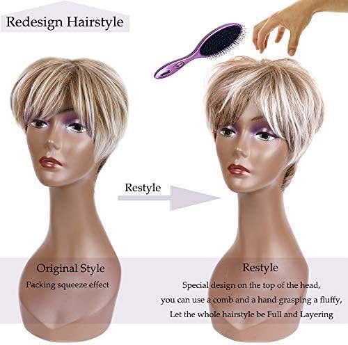 Creamily Short Blonde Wigs for Women Pixie Cut Wigs with Bangs Natural Straight Layered Synthetic Hair Short Wig for Women Daily Cosplay Party Halloween Wig Blonde Mixed Brown - Image 4