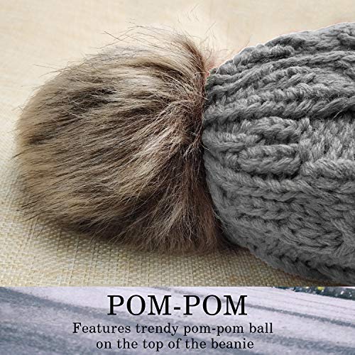 Kid Beanie Hats Lining Pom Pom for Children -Slouchy Cable Knit Toddler Skull Hat Baby Ski Cap for Girls Boys (Grey) - Thumbnail 2