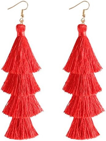 HSWE Tassel Earrings Hula Skirt Thread Tassel Eardrop Tiered Dangle Earrings Red