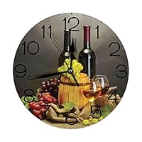 GULTMEE Round Wall Clock Home Decorative, Winery, Cask Bottles and Glasses of Wine and Ripe Grapes on Wooden Table Picture Print, Diameter: 10.2 inch/Thickness 0.2 inch, Multicolor