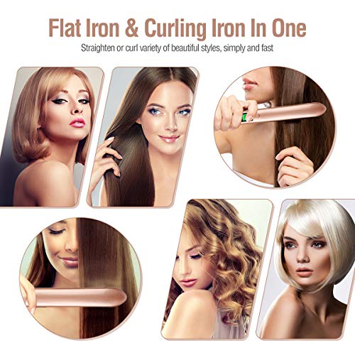 Hair Straightener and Curler, Zealite 2 in 1 Ceramic Flat Iron for Hair - Straightners & Curls with Adjustable Temp from 200℉ - 450℉, Dual Voltage (Gold)