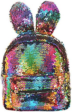 Magic Reversible Sequins School Backpack, Cute Rabbit Ears Dazzling Rainbow Schoolbag Shoulder Bag Satchel Travel Daypack for Women Girls