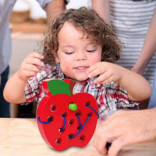 USATDD Wooden Lacing Big Apple Toy Threading Montessori Activity Learning Early Development Educational Wood Block Puzzles Travel Game For Baby Toddler and Kids