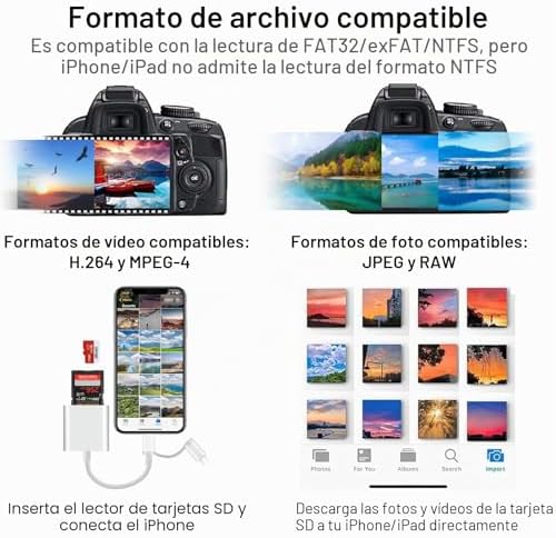 [Certificado Apple MFi] Lector Tarjetas SD para Phone Pad, Lightning USB C Adaptador de Tarjeta de Memoria para MicroSD/SD, SD Card Reader para iPhone16 15/iPad/Macbook/Teléfonos Android/Cámara — foto 5 de 7