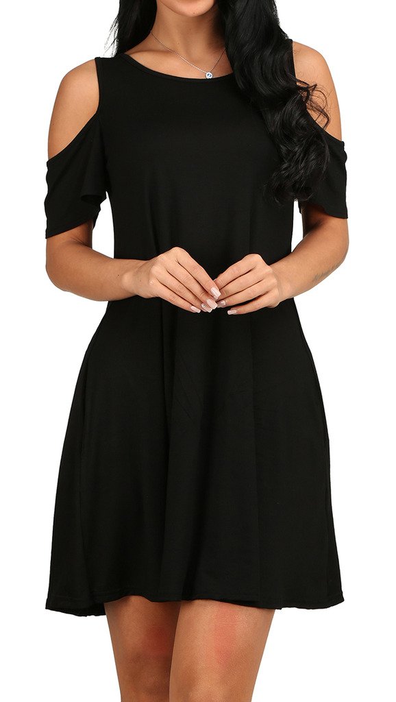 Women\'s Basic Tunic Tops Cutout Shoulder Flared Hem Dress with Pockets Black L