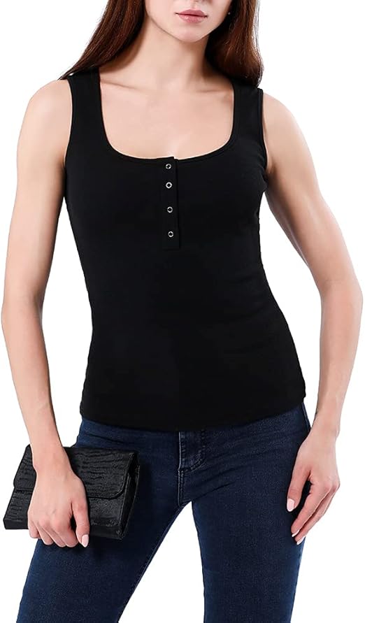 DONNAMITY Women’s Ribbed Henley Tank Tops Low Cut Solid Sexy Summer