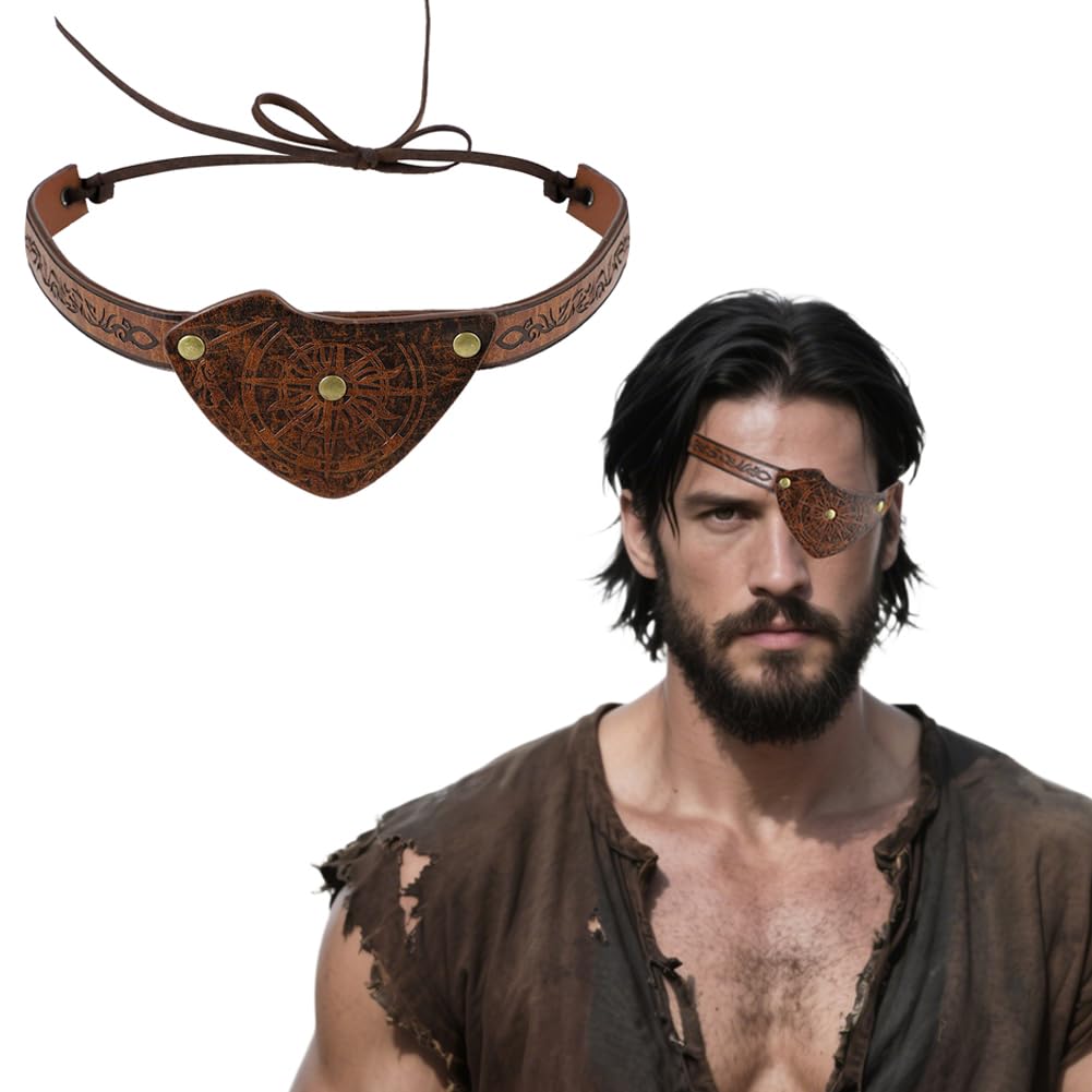 Pirate Eye Patch for Adults Medieval Embossed Pirate Eye Patches Vintage Faux Leather Eyes Mask Cover for Left or Right Adjustable Eyepatch for Halloween Viking Accessories Renaissance Cosplay Costume