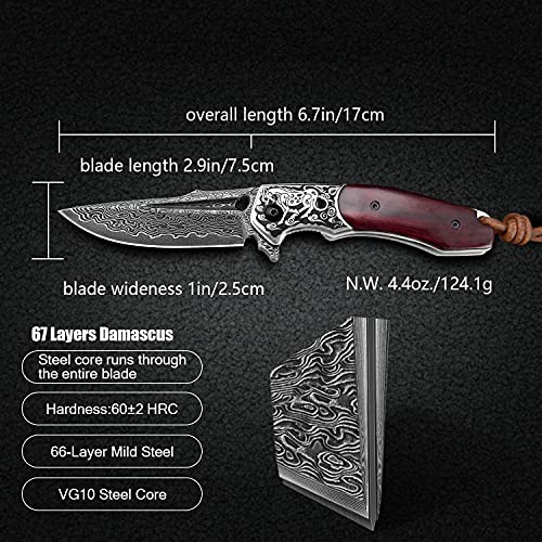 TURENZ Folding Tactical Knife with 3inch Handmade Damascus Steel Blade