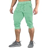 FASKUNOIE Men's Cotton Casual Shorts 3/4 Jogger Capri Pants Breathable Below Knee Short Pants with Three Pockets
