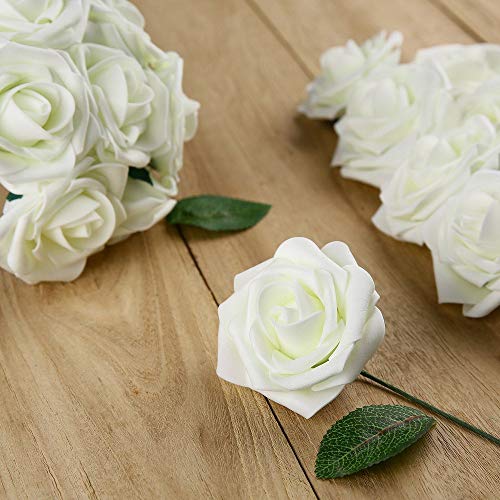 Higfra Artificial Flowers Cream Roses Real Looking Fake Roses w/Stem for DIY Wedding Bouquets Centerpieces Arrangements Party Baby Shower Home Decorations - Cream