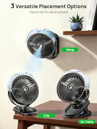 Clip Fan with Water Cooling, 6000 mAh Fan Battery Rechargeable, Mini Portable USB Table Fan with 4 Wind Levels, Quiet Small Ceiling Fan, Ideal for Prams, Home, Office, Outdoor