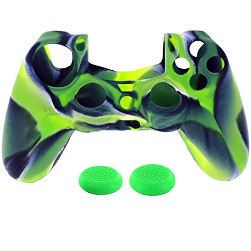 Amiley Hot Sale 1PC Protective Silicone Case Cover +2PC Rocker Cap For Playstation PS4 Controller (Green)