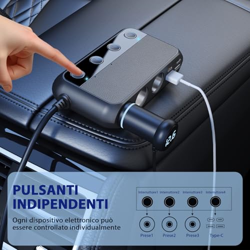 USB-C PD 30W USB QC3.0 Car Charger, 9 in 1 148W Car Charger Cigarette Lighter 12V/24V with 3 Sockets & 6 Ports with LED Display for iPhone Dash Cam