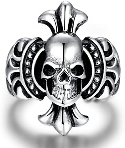 Focus Jewel Men's Gothic Tapered Skull Fleur-de-lis Forged Ring Constructed from Polished Titanium Steel