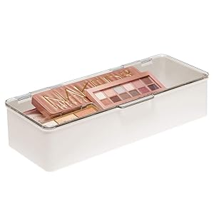 mDesign Makeup Storage Organizer Box for Bathroom Vanity, Countertops, Drawers - Holds Blenders, Eyeshadow Palettes, Lipstick, Lip Gloss, Makeup Brushes - Hinged Lid - Cream/Beige