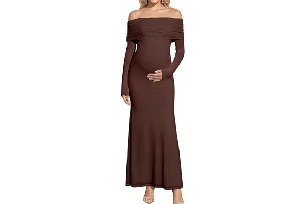 KUTUMAI Off Shoulder Strecth Maternity Dress Long Sleeve Floral Maxi Wedding Guest Pregnancy Baby Shower Photoshoot Dresses