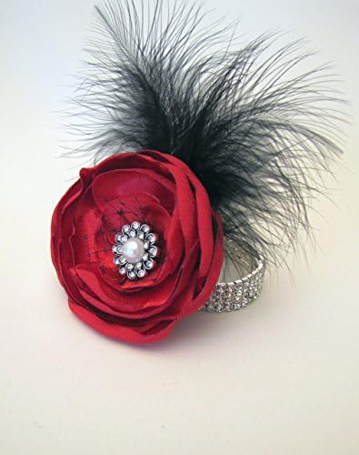 Red Fabric Flower Gatsby Wrist Corsage, 1920s Flapper Feather Prom Wedding Mother of the Bride, Formal Rhinestone Bracelet