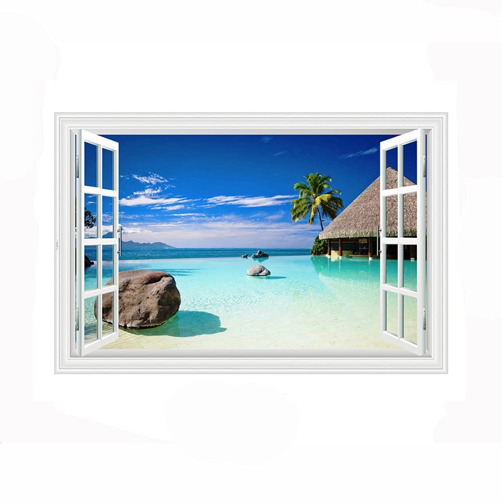 Lichi 3D Fake Window Wall Sticker Mural Decal of Beach Coconut Tree View Scenery - Thatched Cottage