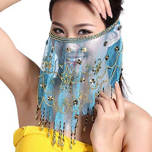 Feimei Exotic Belly Dance Face Veil Egyptian Dance Headpiece with bead (Turquoise)